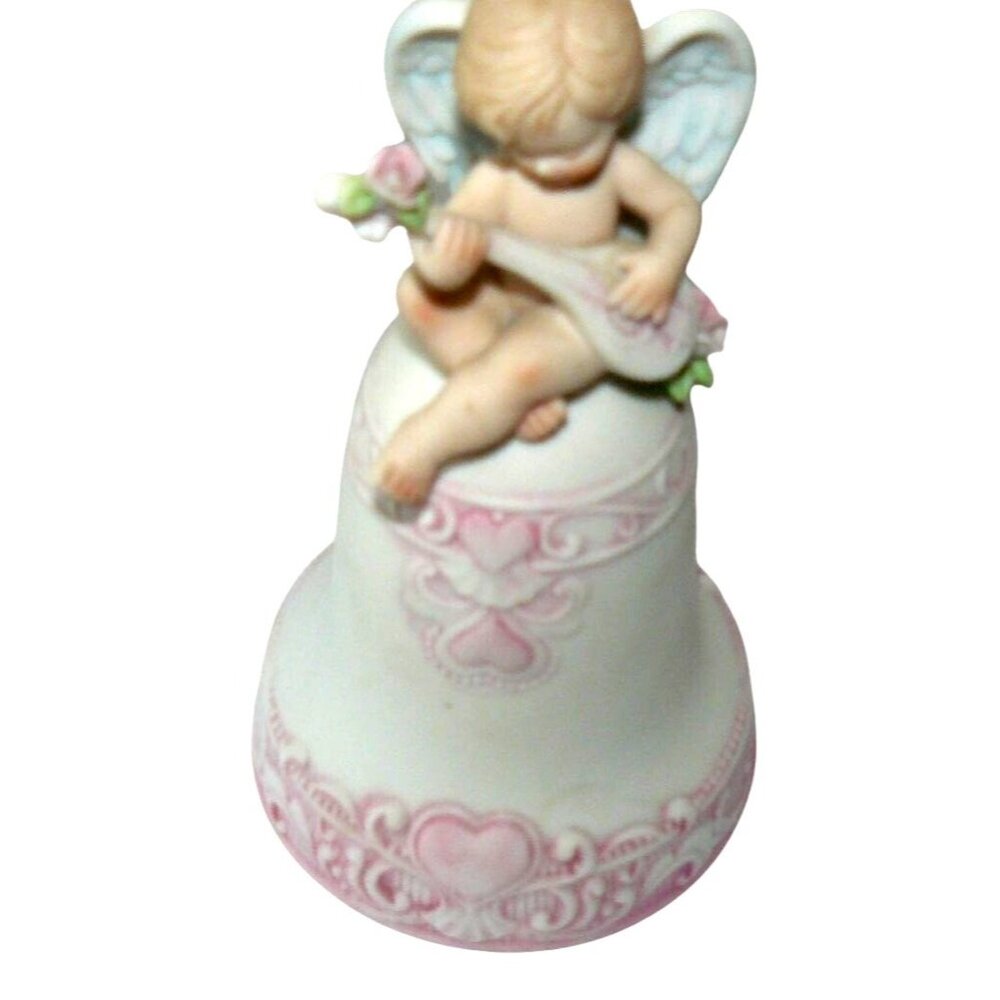 Bisque Porcelain Angel Music Box "Love Me Tender" Bell Pink Heart Enesco Vintage